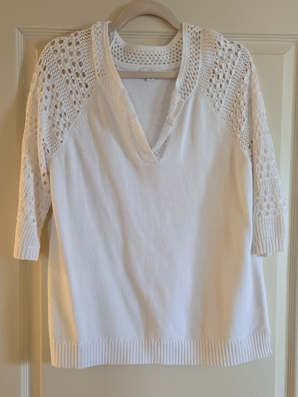 J. Jill White Crochet-Sleeve V-Neck Sweater